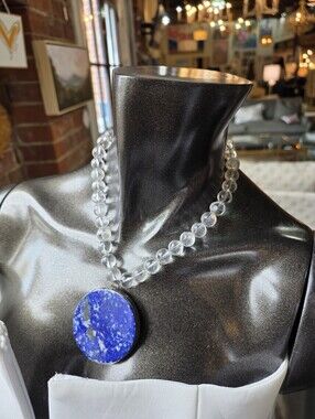 Handmade Clear Bead Necklace with Lapis Blue Round Pendant